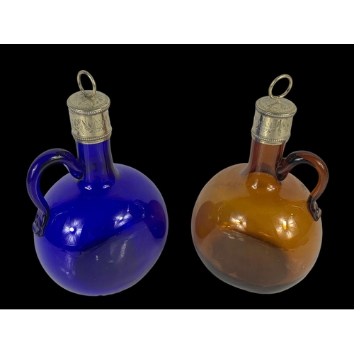 502 - 2 Victorian Bristol Blue and Amber glass decanter/flagons on a silver plated stand by Mappin & Webb.... 