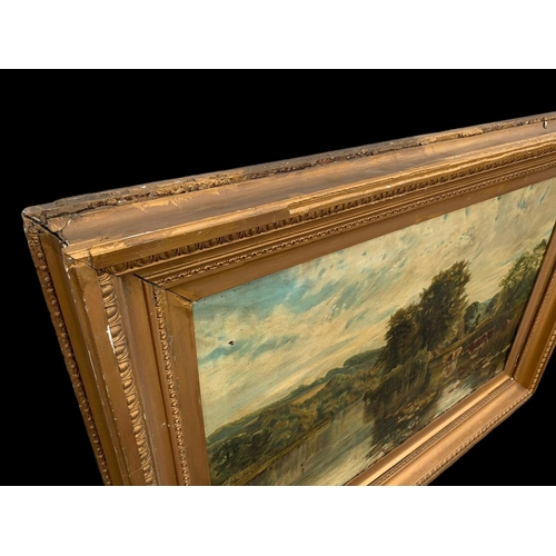 54 - A large late 19th century oil painting in a gilt frame. The Thames, Gliveden Woods. Painting measure... 