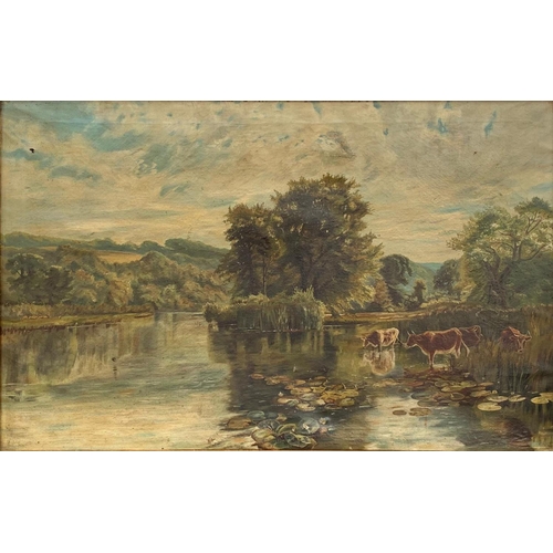 54 - A large late 19th century oil painting in a gilt frame. The Thames, Gliveden Woods. Painting measure... 