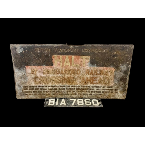 67 - A large vintage railway sign and a car plate. 104 x 50.5cm.