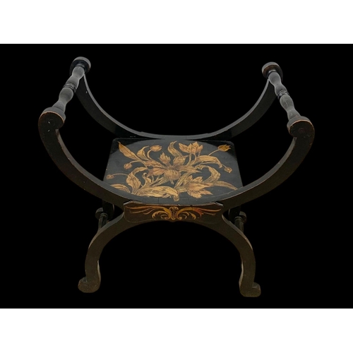 850 - An Edwardian X-Framed stool with Pokerwork decoration 60 x 33 x 61.5cm