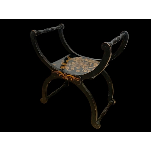 850 - An Edwardian X-Framed stool with Pokerwork decoration 60 x 33 x 61.5cm