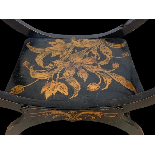 850 - An Edwardian X-Framed stool with Pokerwork decoration 60 x 33 x 61.5cm