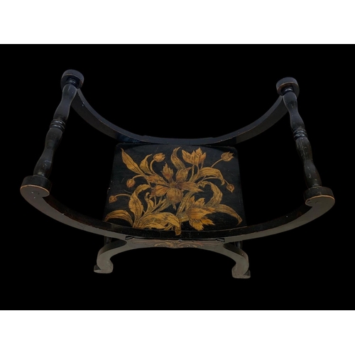 850 - An Edwardian X-Framed stool with Pokerwork decoration 60 x 33 x 61.5cm