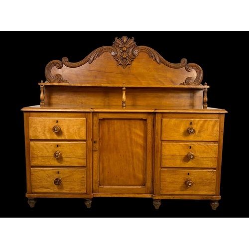 880 - A large Victorian Satin Birch gallery back sideboard. With 6 drawers and cupboard. 164 x 53 x 149cm.