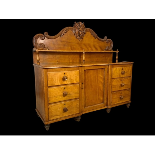 880 - A large Victorian Satin Birch gallery back sideboard. With 6 drawers and cupboard. 164 x 53 x 149cm.