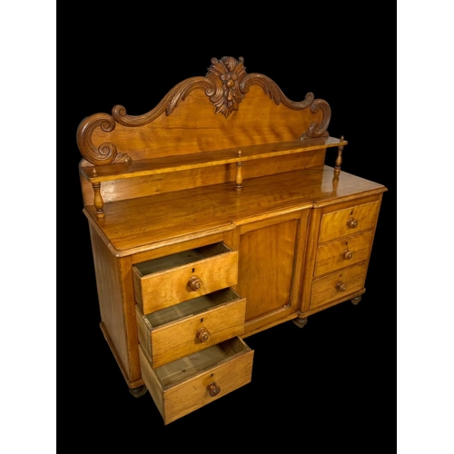 880 - A large Victorian Satin Birch gallery back sideboard. With 6 drawers and cupboard. 164 x 53 x 149cm.