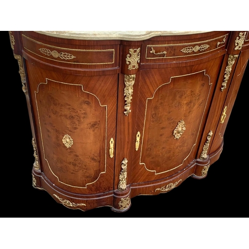 887 - An 18th century style marble top credenza with brass ormolu mounts. 145 x 48.5 x 104cm.