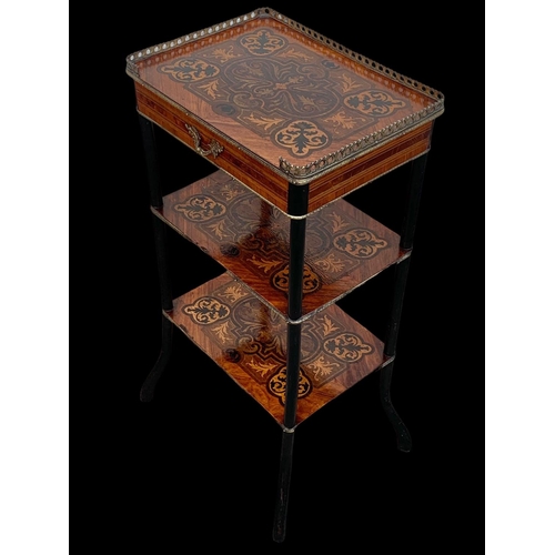 936 - A late 19th century French profusely inlaid 3 tier side table with drawer and brass gallery. 39 x 29... 