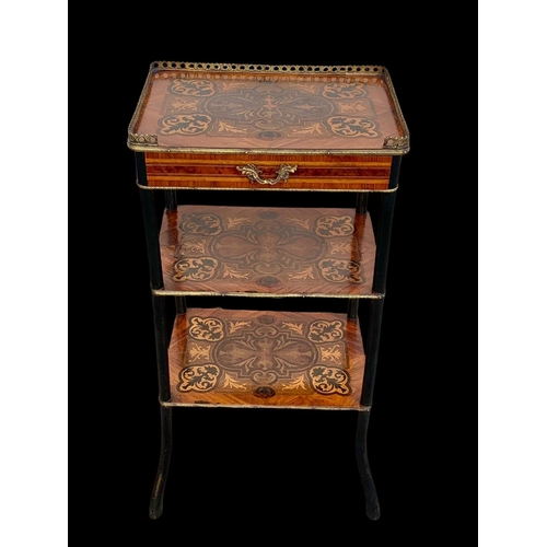 936 - A late 19th century French profusely inlaid 3 tier side table with drawer and brass gallery. 39 x 29... 