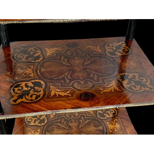 936 - A late 19th century French profusely inlaid 3 tier side table with drawer and brass gallery. 39 x 29... 