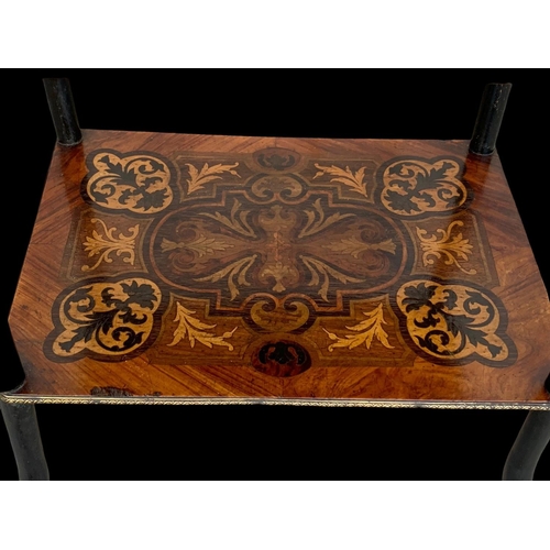 936 - A late 19th century French profusely inlaid 3 tier side table with drawer and brass gallery. 39 x 29... 