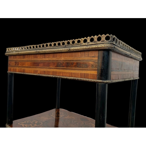 936 - A late 19th century French profusely inlaid 3 tier side table with drawer and brass gallery. 39 x 29... 