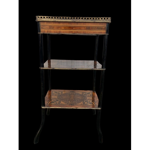 936 - A late 19th century French profusely inlaid 3 tier side table with drawer and brass gallery. 39 x 29... 