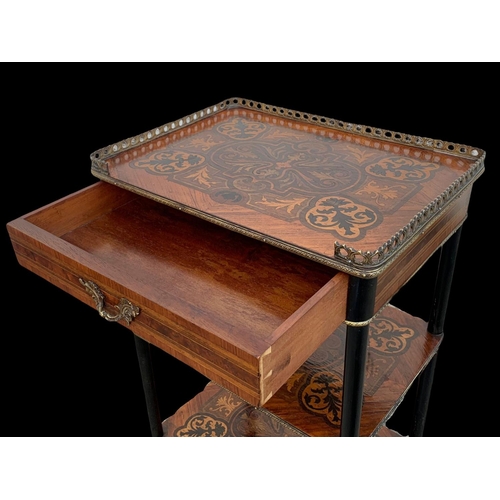 936 - A late 19th century French profusely inlaid 3 tier side table with drawer and brass gallery. 39 x 29... 