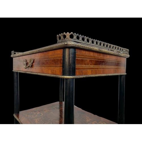 936 - A late 19th century French profusely inlaid 3 tier side table with drawer and brass gallery. 39 x 29... 