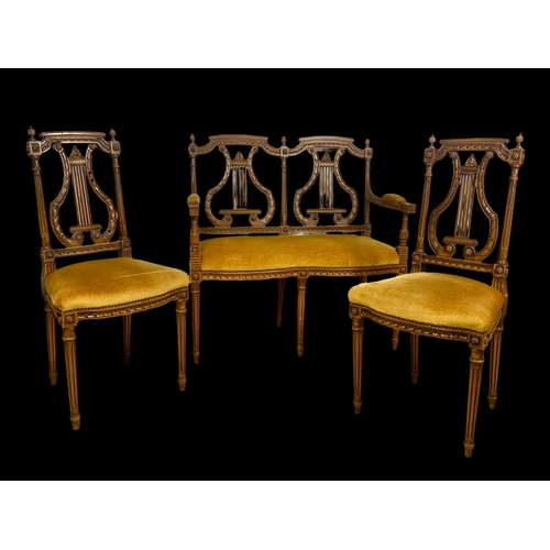 946 - A 3 piece French 18th century style parlour suite with lyre decoration Sofa measures 93cm