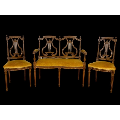 946 - A 3 piece French 18th century style parlour suite with lyre decoration Sofa measures 93cm