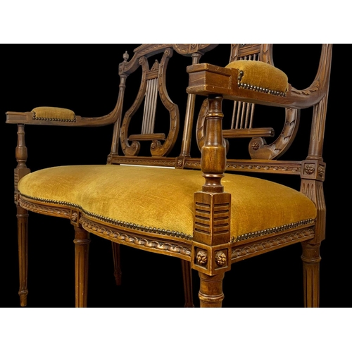 946 - A 3 piece French 18th century style parlour suite with lyre decoration Sofa measures 93cm