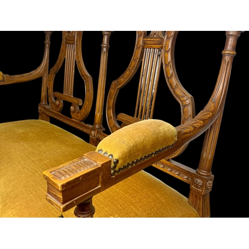 946 - A 3 piece French 18th century style parlour suite with lyre decoration Sofa measures 93cm