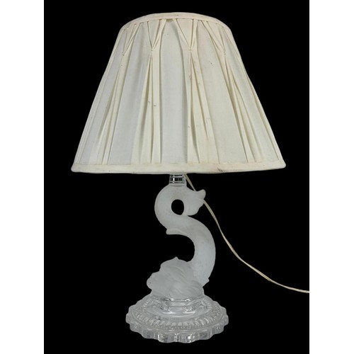 476a - A French Baccarat crystal and frosted glass “Dolphin” table lamp with shade. Circa 1950. Base measur... 