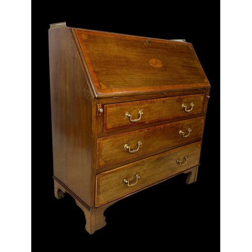 886a - A late Victorian Sheraton revival inlaid mahogany writing bureau with brass gallery. 91 x 42 x 99.5c... 