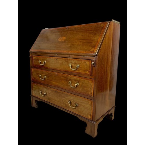 886a - A late Victorian Sheraton revival inlaid mahogany writing bureau with brass gallery. 91 x 42 x 99.5c... 