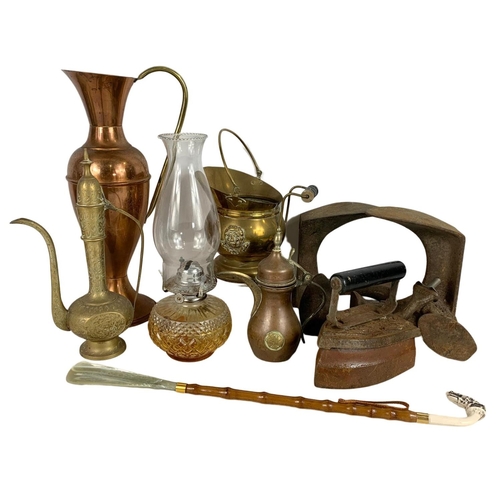 223 - Sundry lot. Including vintage copper and brassware, 2 shoe lasts, Edwardian iron and an oil lamp. La... 