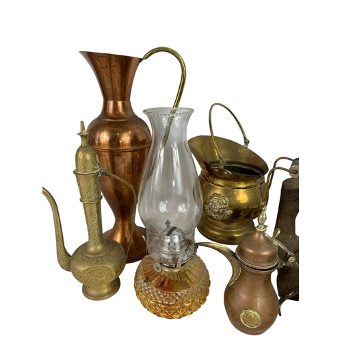 223 - Sundry lot. Including vintage copper and brassware, 2 shoe lasts, Edwardian iron and an oil lamp. La... 