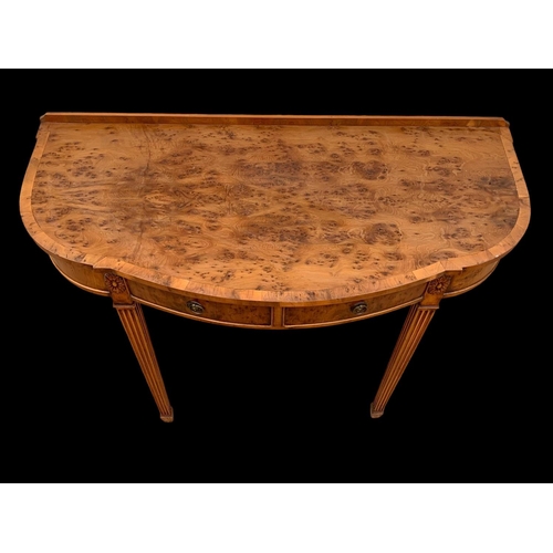 1020 - A Yew wood 2 drawer hall table. 91 x 42 x 78cm.