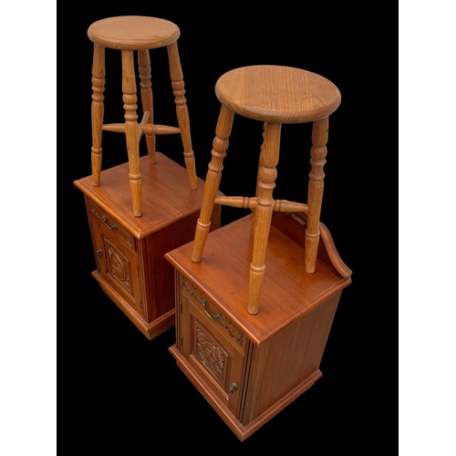 808 - A sundry lot of furniture. A china cabinet pair of pine stools, a pair of Edwardian style bedside ca... 