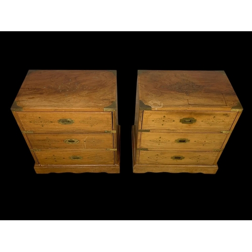 894 - A pair of rosewood campaign style brass inlaid 3 drawer bedsides. 49 x 33 x 50.5cm