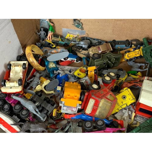 145 - A box of vintage toys/model cars and soldiers. Including tinplate tanks, Dinky, Corgi, Matchbox, pla... 