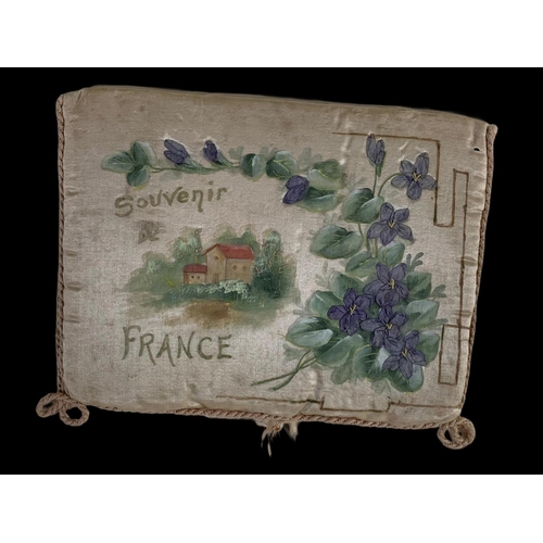 309 - A WWI silk pillow and 3 handkerchiefs. One saying Australian Commonwealth Forces. Frame measures 72 ... 