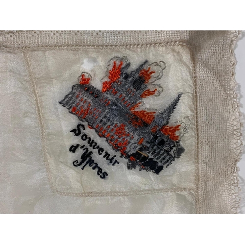 309 - A WWI silk pillow and 3 handkerchiefs. One saying Australian Commonwealth Forces. Frame measures 72 ... 