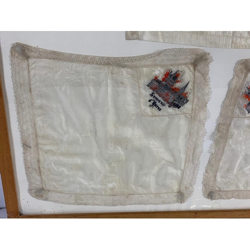 309 - A WWI silk pillow and 3 handkerchiefs. One saying Australian Commonwealth Forces. Frame measures 72 ... 