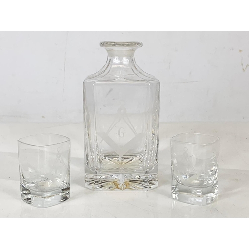 580 - A Masonic crystal decanter and 2 shot glasses