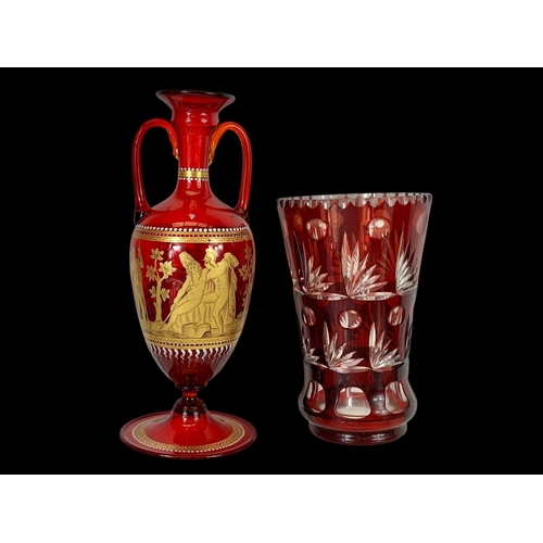 584 - A sundry lot of porcelain and glassware etc. Including a Victorian ruby glass vase, a Royal Crown De... 