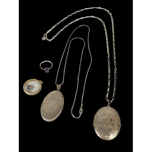 681 - Quantity of silver. 2 large lockets, fob and a silver ring