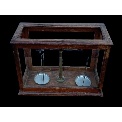 328 - Edwardian scientific scales in case. 50 x 24 x 36cm