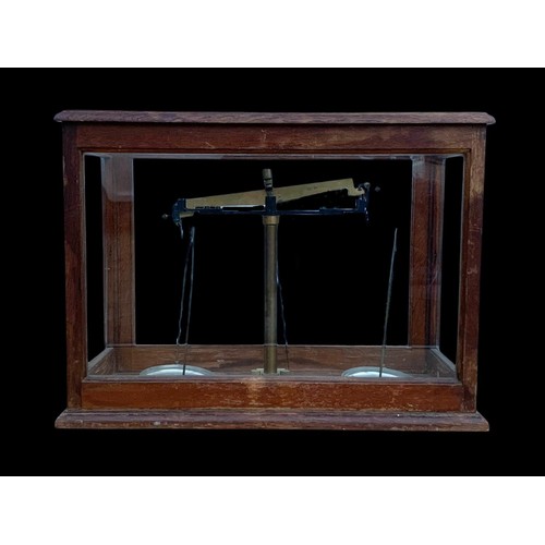 328 - Edwardian scientific scales in case. 50 x 24 x 36cm