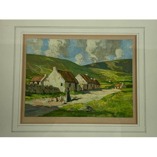 341b - 2 vintage framed postcards of Irish scenes, oil painting  and a Maurice Wilks print. 36cm