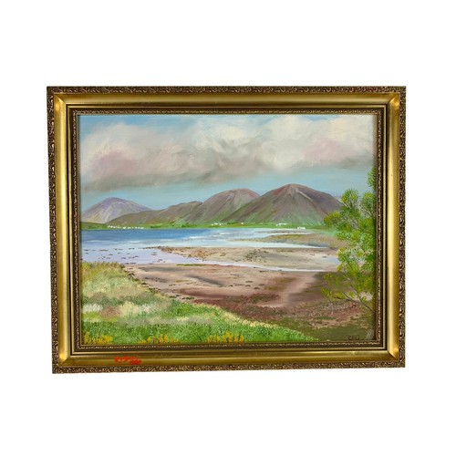 341b - 2 vintage framed postcards of Irish scenes, oil painting  and a Maurice Wilks print. 36cm