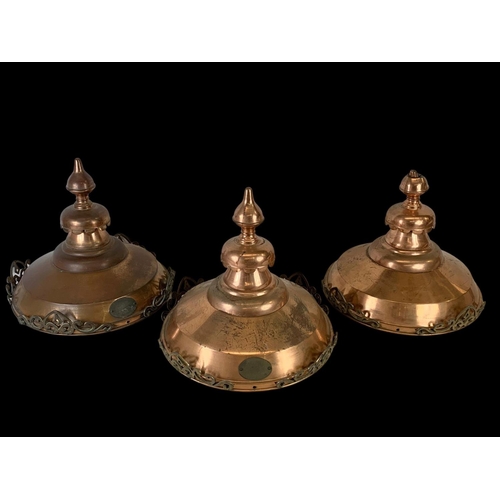 338 - A set of 3 large early 20th century copper light fittings. Reportedly from Belfast City Hall. 46 x 4... 