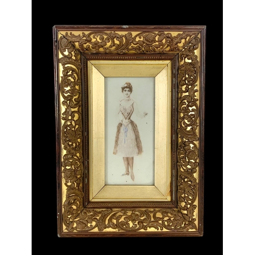 340a - A pair of 19th century Fashion Prints on glass with ornate frames. Circa 1880. 22 x 32cm