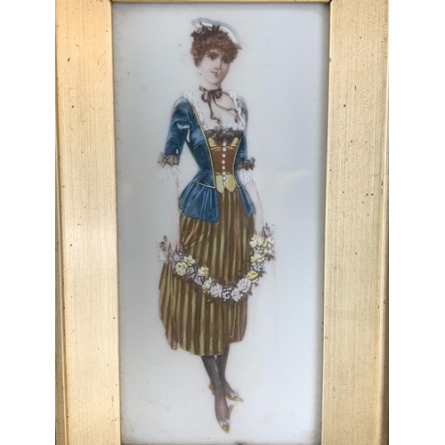 340a - A pair of 19th century Fashion Prints on glass with ornate frames. Circa 1880. 22 x 32cm