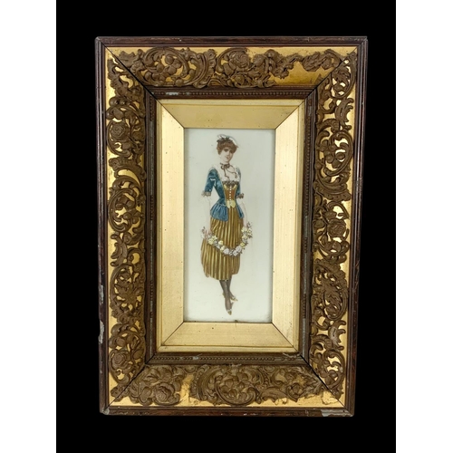 340a - A pair of 19th century Fashion Prints on glass with ornate frames. Circa 1880. 22 x 32cm