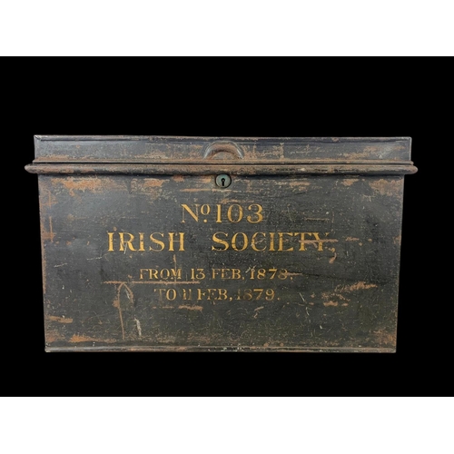 367 - A 19th century Irish Society document box. Dated 1878. Number 103. 53 x 38 x 31cm