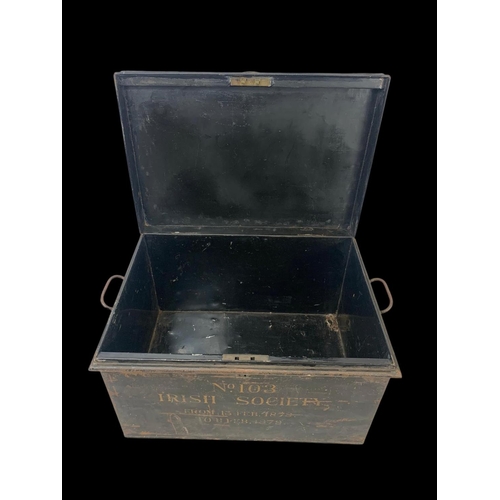 367 - A 19th century Irish Society document box. Dated 1878. Number 103. 53 x 38 x 31cm