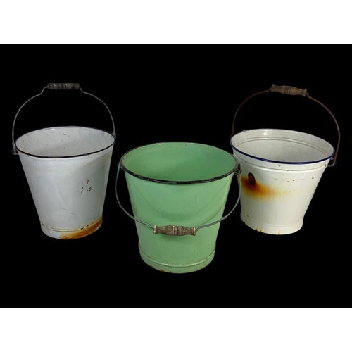 381 - 3 vintage enamel buckets with brass curtain rings.